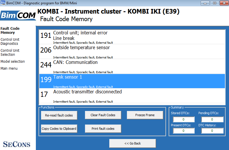 bimcom06: OBD-II diagnostic program screenshot