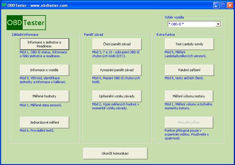 czobdtester3: OBD-II diagnostic program screenshot