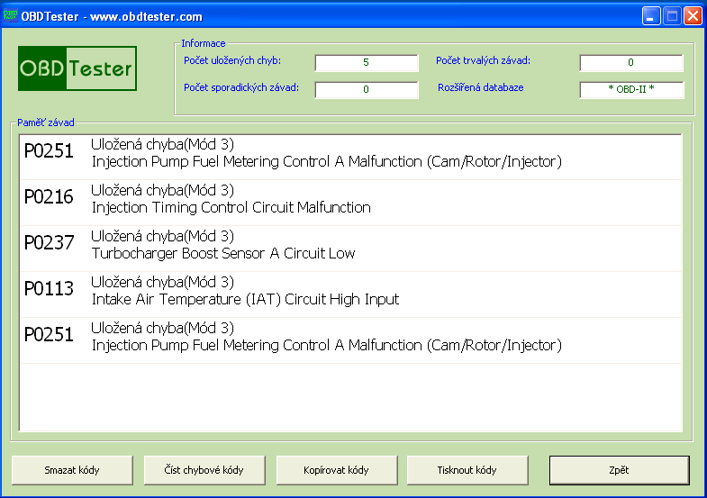 czobdtester7: OBD-II diagnostic program screenshot