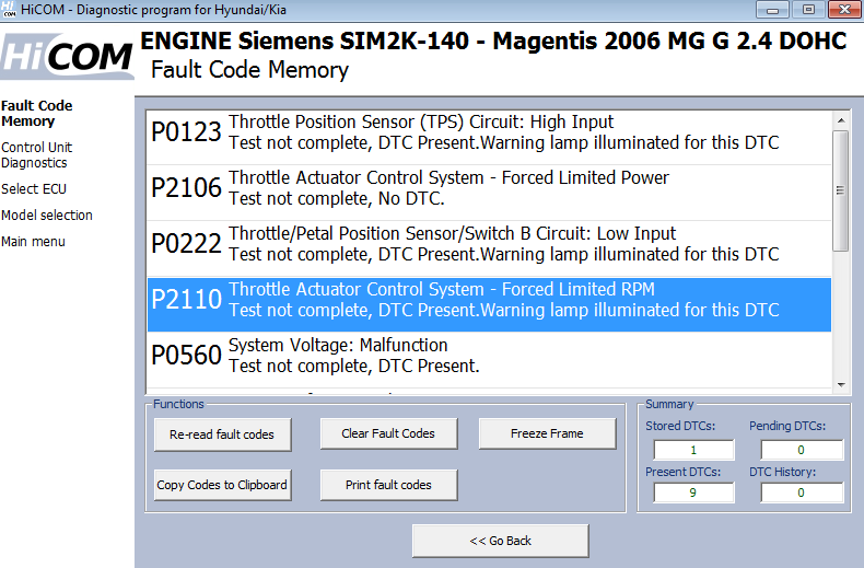hicom06: OBD-II diagnostic program screenshot