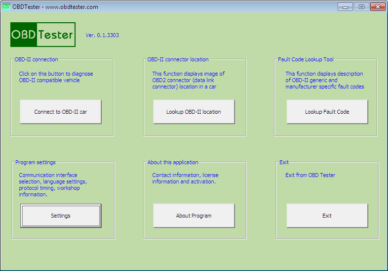 obdtester1: OBD-II diagnostic program screenshot