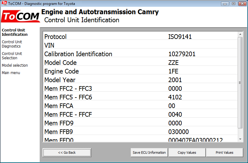 tocom05: OBD-II diagnostic program screenshot