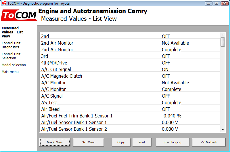 tocom11: OBD-II diagnostic program screenshot